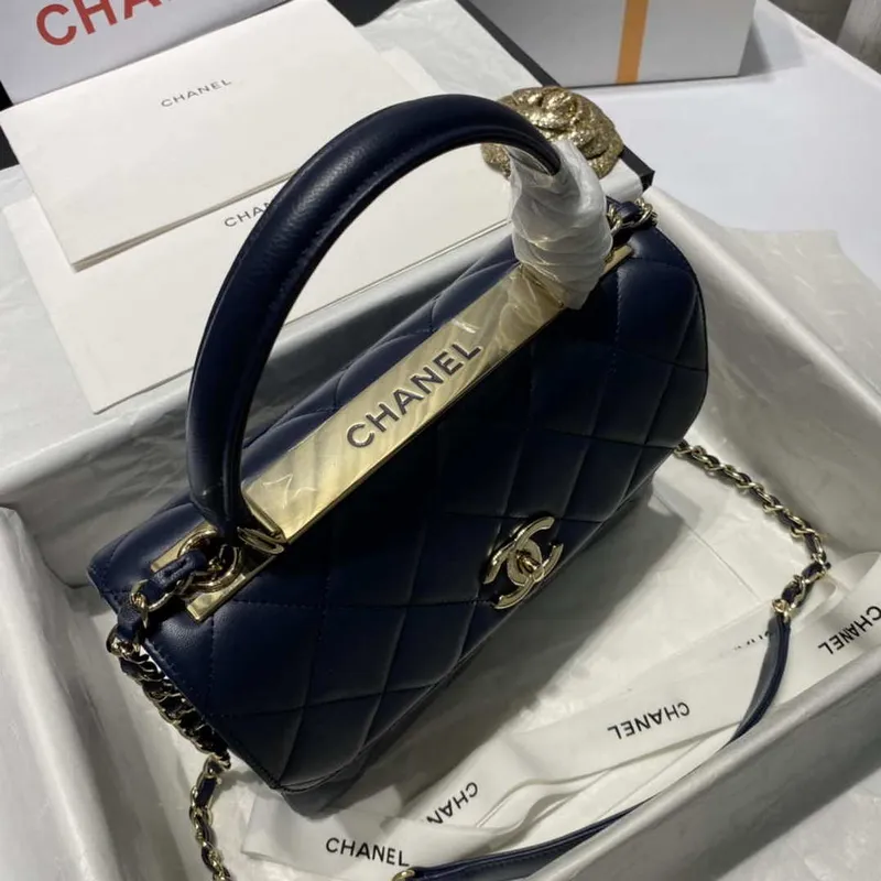 Chanel A92236 Flap Bag With Top Handle Lambskin & Gold Tone Metal Navy Blue