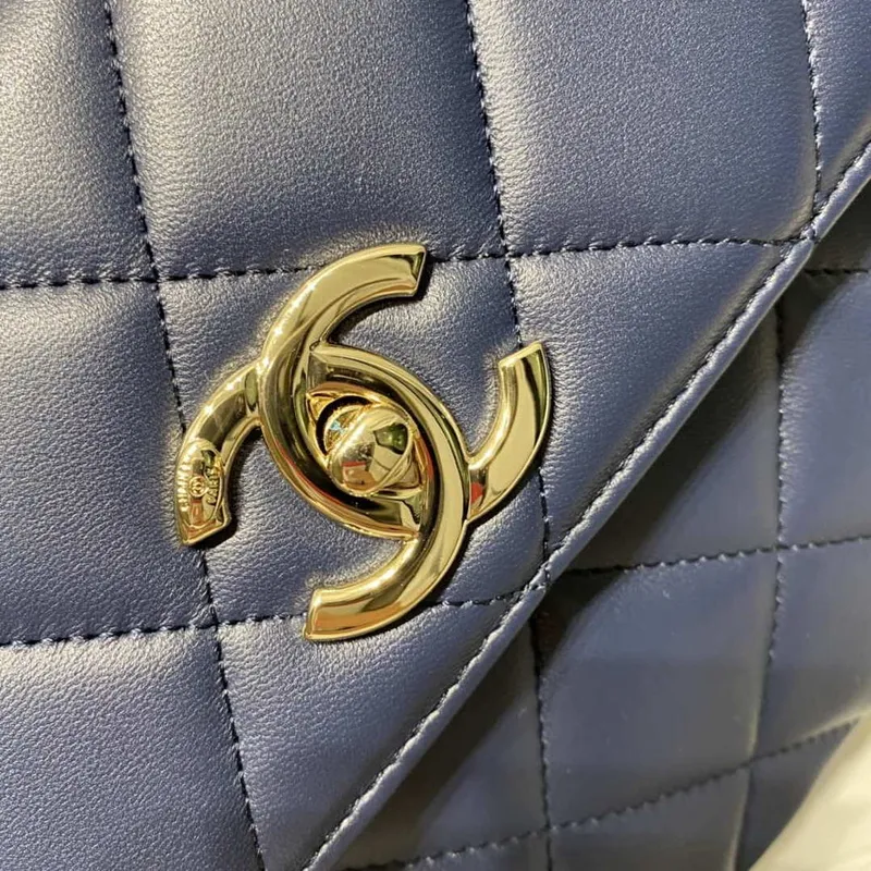 Chanel A92236 Flap Bag With Top Handle Lambskin & Gold Tone Metal Navy Blue