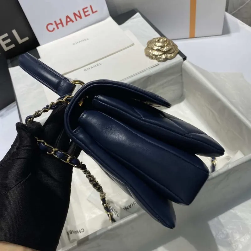 Chanel A92236 Flap Bag With Top Handle Lambskin & Gold Tone Metal Navy Blue