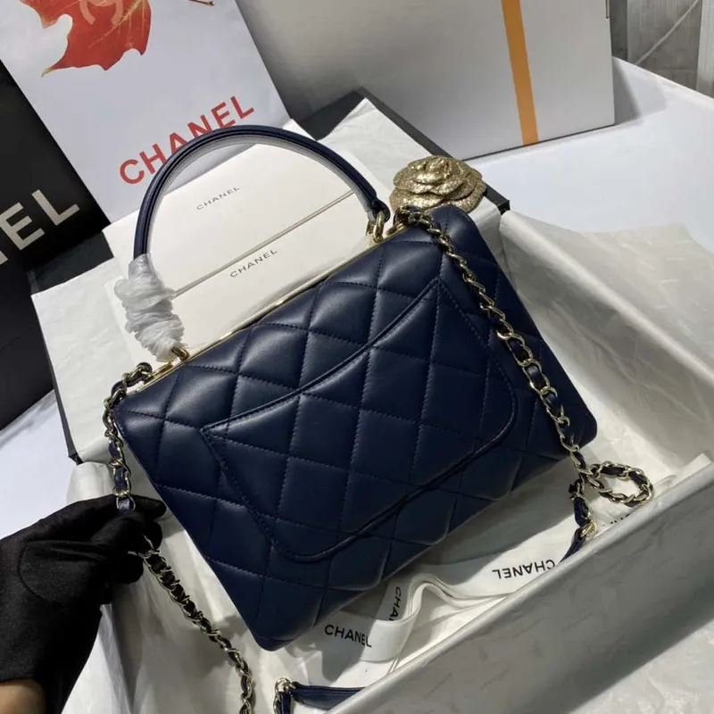 Chanel A92236 Flap Bag With Top Handle Lambskin & Gold Tone Metal Navy Blue
