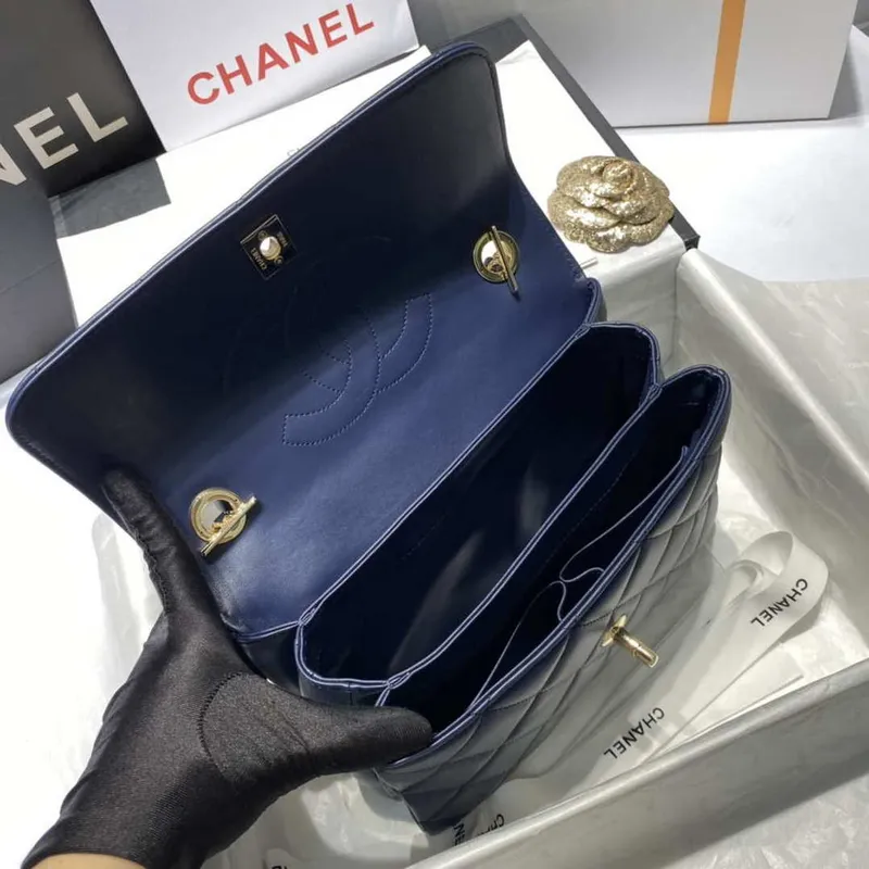 Chanel A92236 Flap Bag With Top Handle Lambskin & Gold Tone Metal Navy Blue