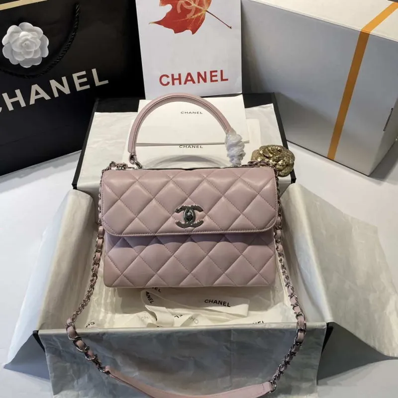 Chanel A92236 Flap Bag With Top Handle Lambskin & Gold Tone Metal Pink
