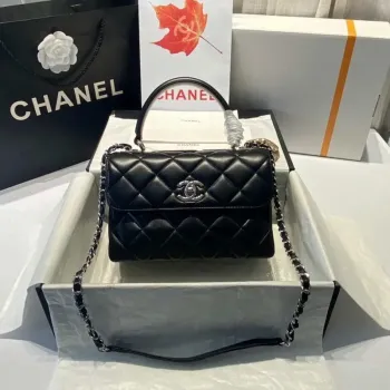 Chanel A92236 Flap Bag With Top Handle Lambskin & Sliver Tone Metal Black