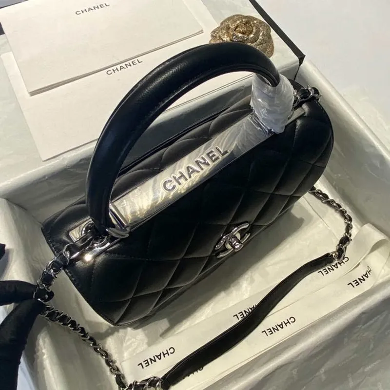 Chanel A92236 Flap Bag With Top Handle Lambskin & Sliver Tone Metal Black