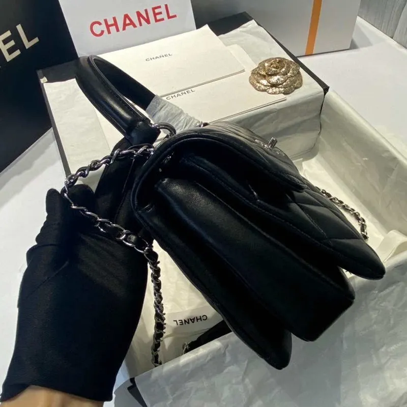 Chanel A92236 Flap Bag With Top Handle Lambskin & Sliver Tone Metal Black