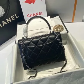 Chanel A92236 Flap Bag With Top Handle Lambskin & Sliver Tone Metal Black