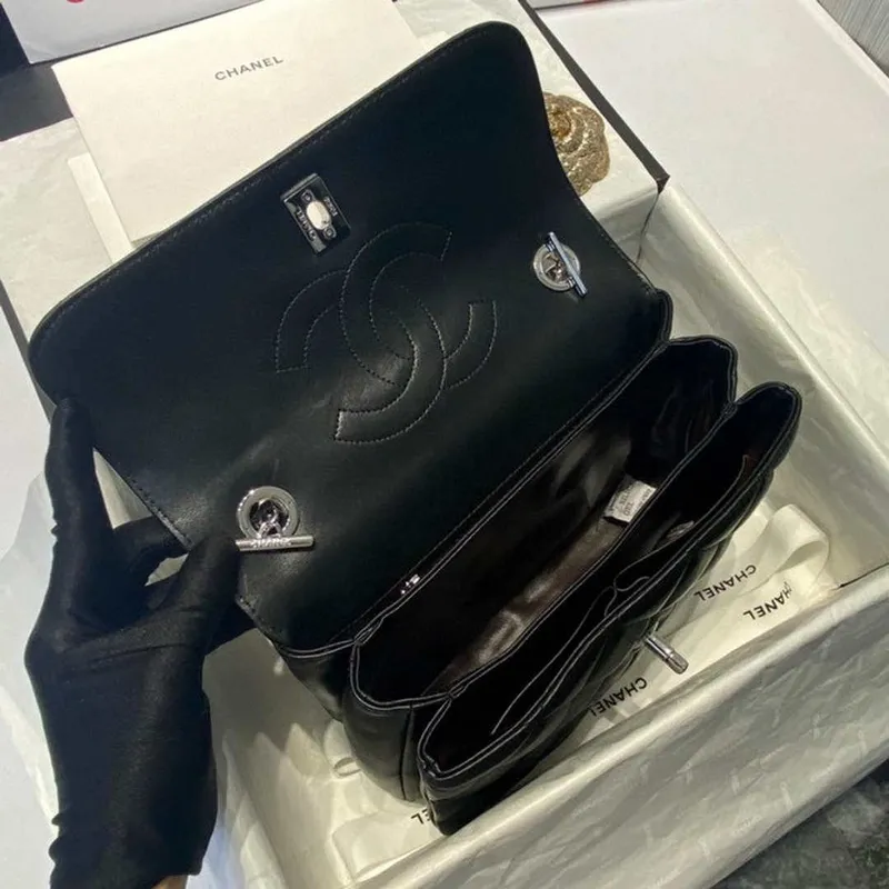 Chanel A92236 Flap Bag With Top Handle Lambskin & Sliver Tone Metal Black