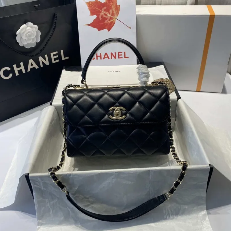 Chanel A92236 Flap Bag With Top Handle Lambskin & Gold Tone Metal Black