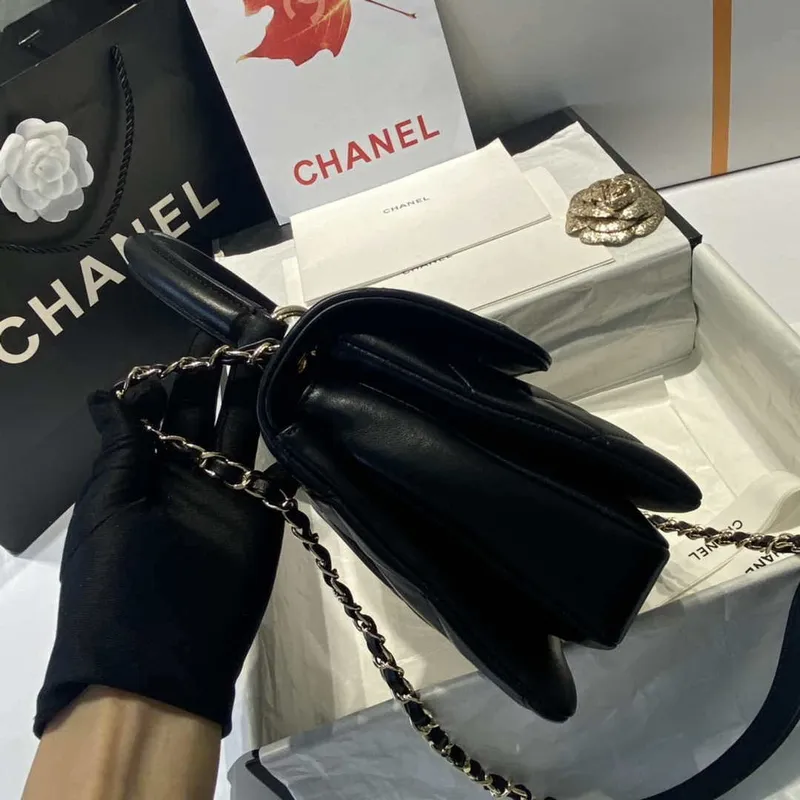 Chanel A92236 Flap Bag With Top Handle Lambskin & Gold Tone Metal Black