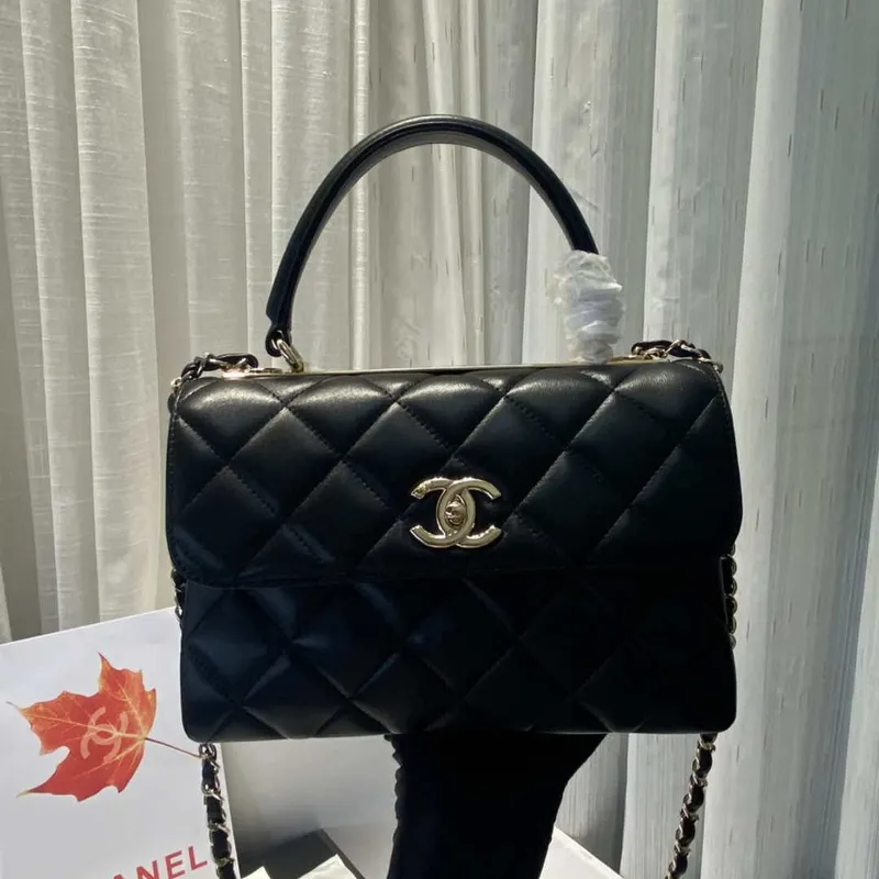 Chanel A92236 Flap Bag With Top Handle Lambskin & Gold Tone Metal Black