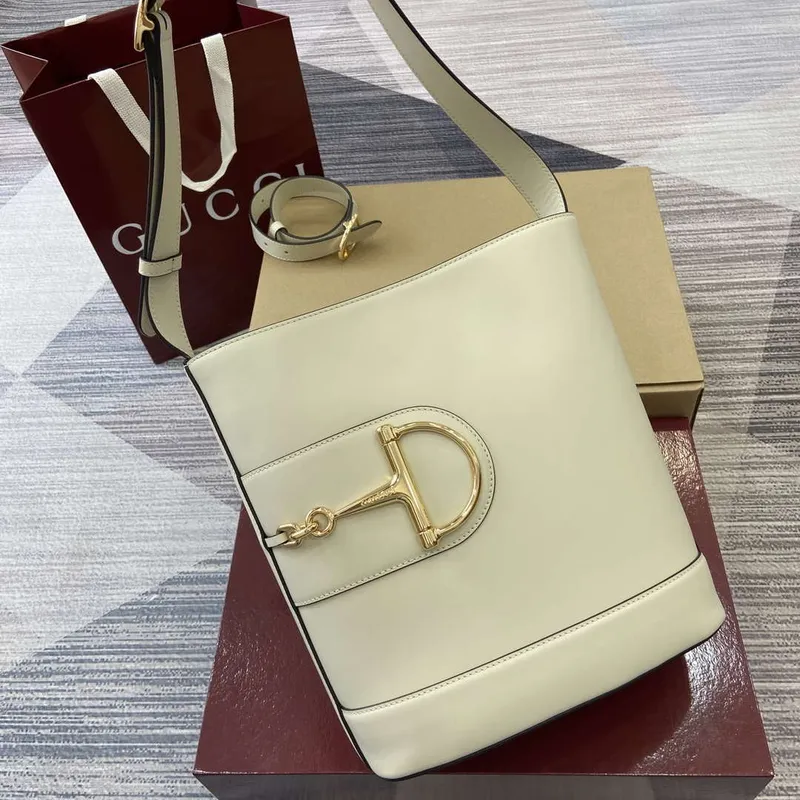 Gucci 833660 Gucci 73 Medium Bucket Bag White smooth leather