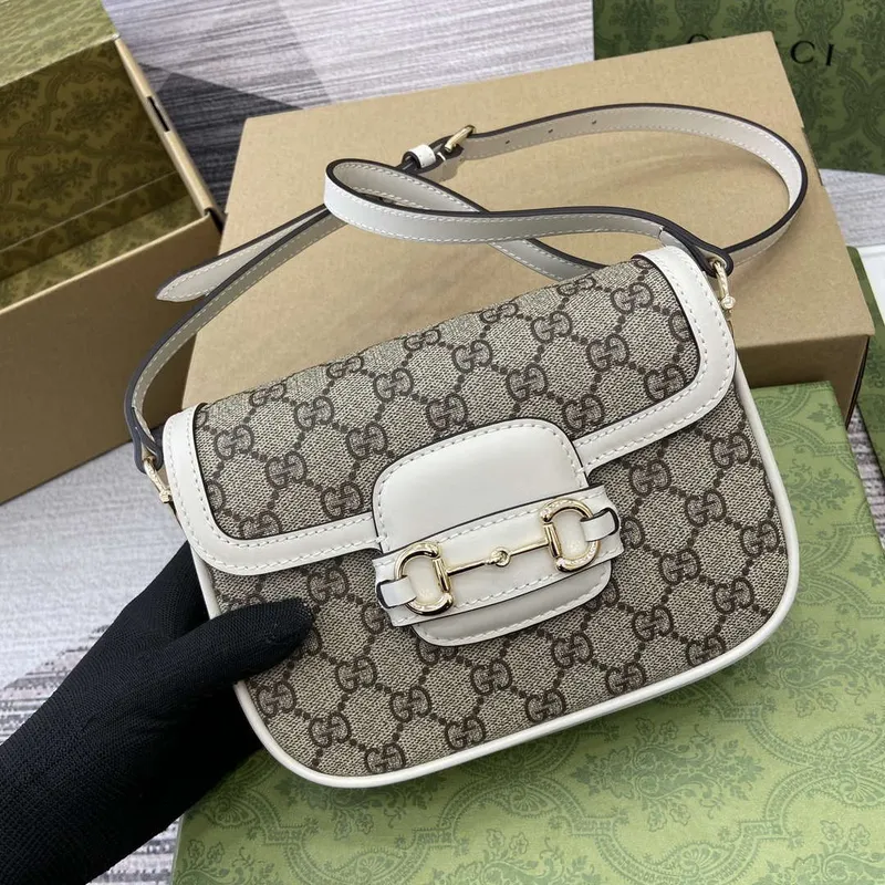 Gucci 815205 Gucci Horsebit 1955 Soft Small Shoulder Bag White leather trim