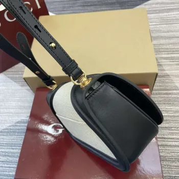 Gucci 815700 Gucci Blondie mini shoulder bag Black with beige cotton linen canvas