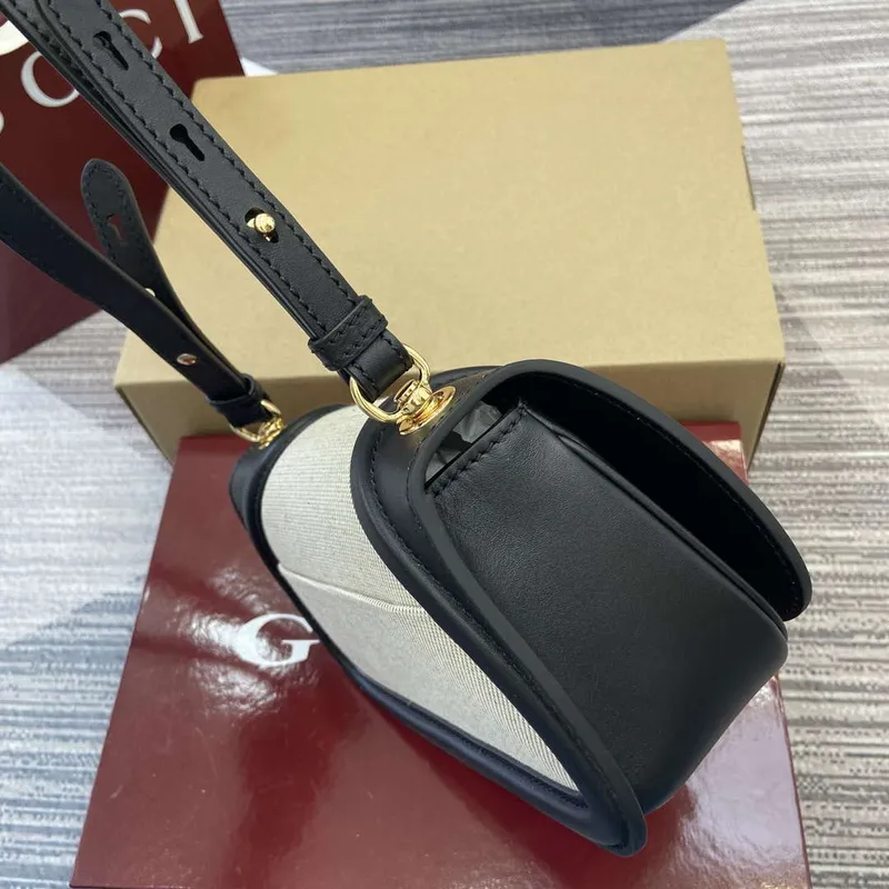 Gucci 815700 Gucci Blondie mini shoulder bag Black with beige cotton linen canvas