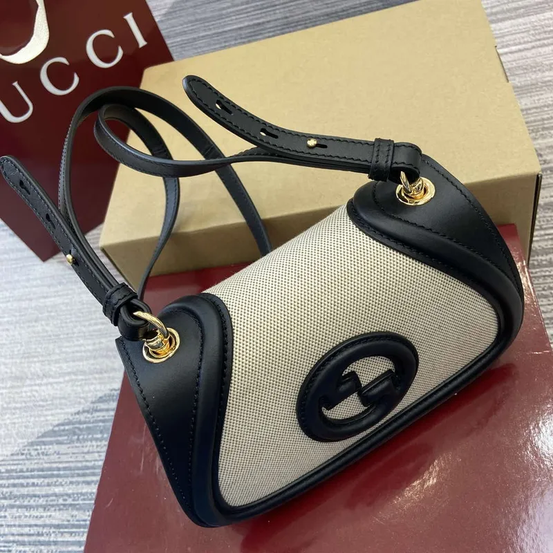 Gucci 815700 Gucci Blondie mini shoulder bag Black with beige cotton linen canvas