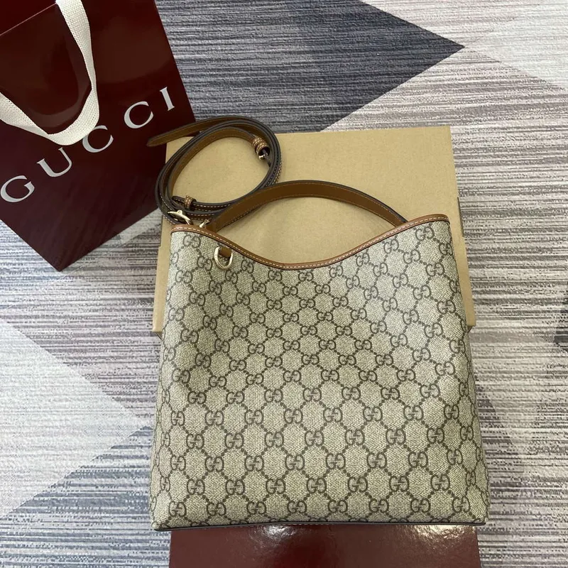 Gucci 815103 GG Emblem bucket bag Beige and dark brown