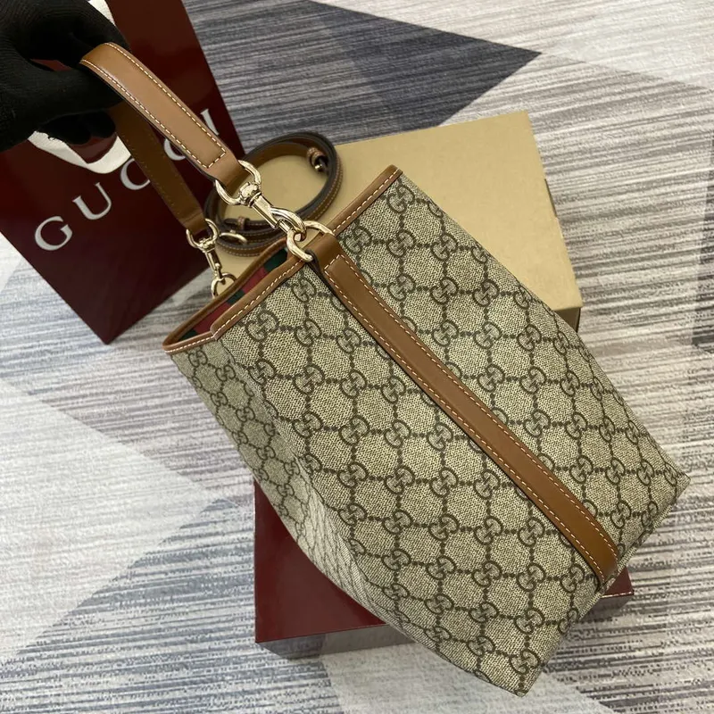 Gucci 815103 GG Emblem bucket bag Beige and dark brown