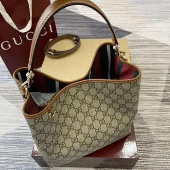 Gucci 815103 GG Emblem bucket bag Beige and dark brown