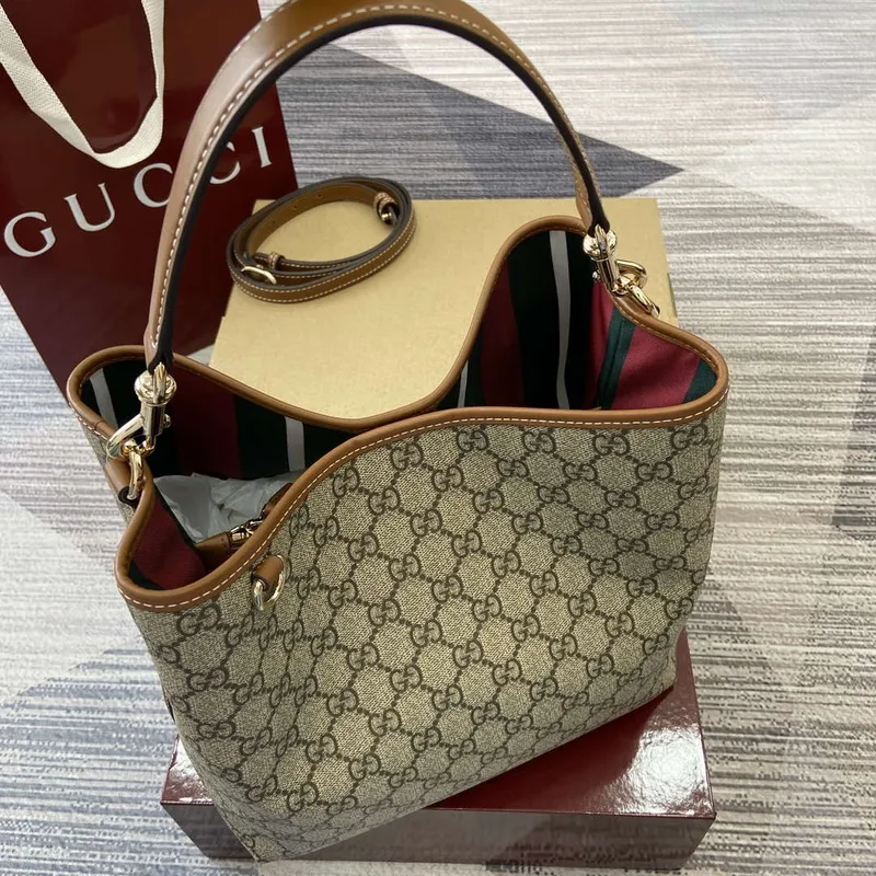 Gucci 815103 GG Emblem bucket bag Beige and dark brown