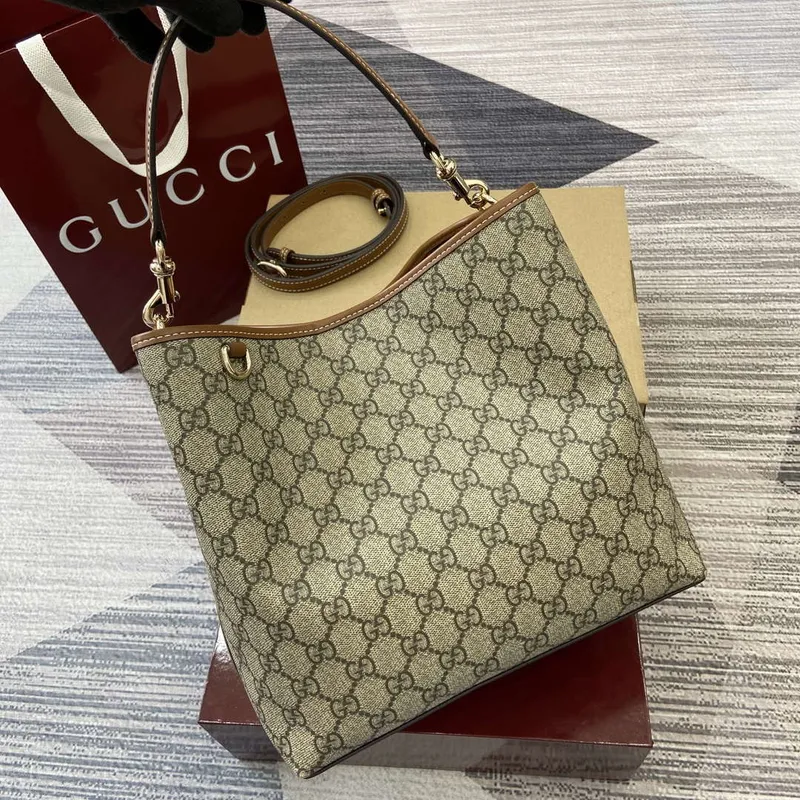 Gucci 815103 GG Emblem bucket bag Beige and dark brown