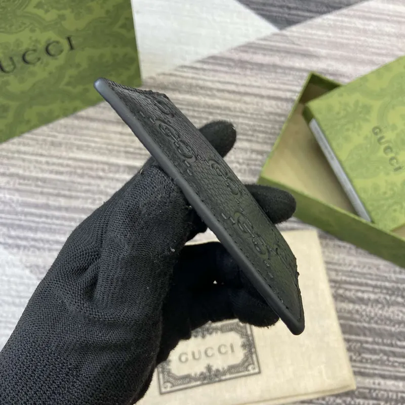 Gucci 815883 GG Emblem card case Black Leather