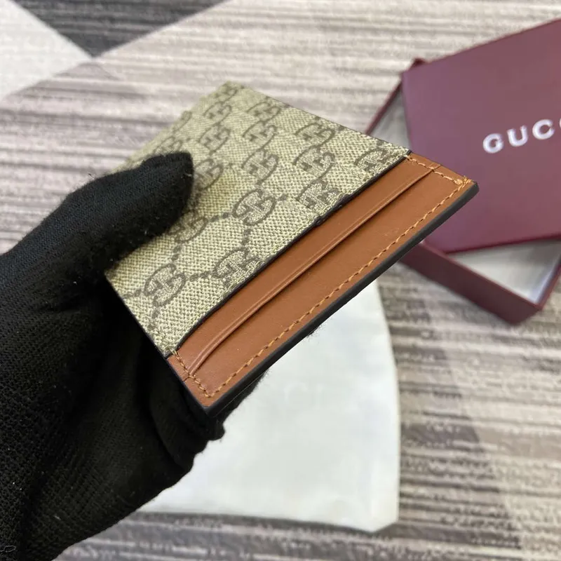 Gucci 821208 GG Emblem card case Beige and dark brown