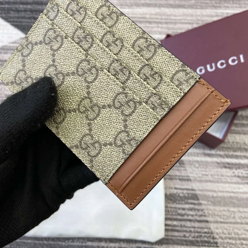 Gucci 821208 GG Emblem card case Beige and dark brown