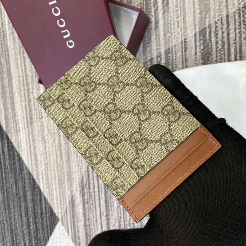 Gucci 821208 GG Emblem card case Beige and dark brown
