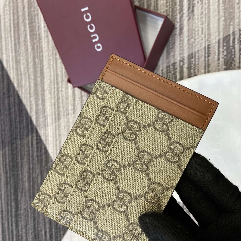 Gucci 821208 GG Emblem card case Beige and dark brown