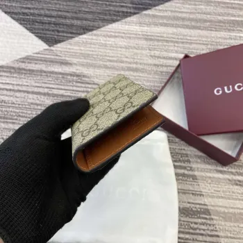 Gucci 821209 GG Emblem bi fold card case Beige and dark brown