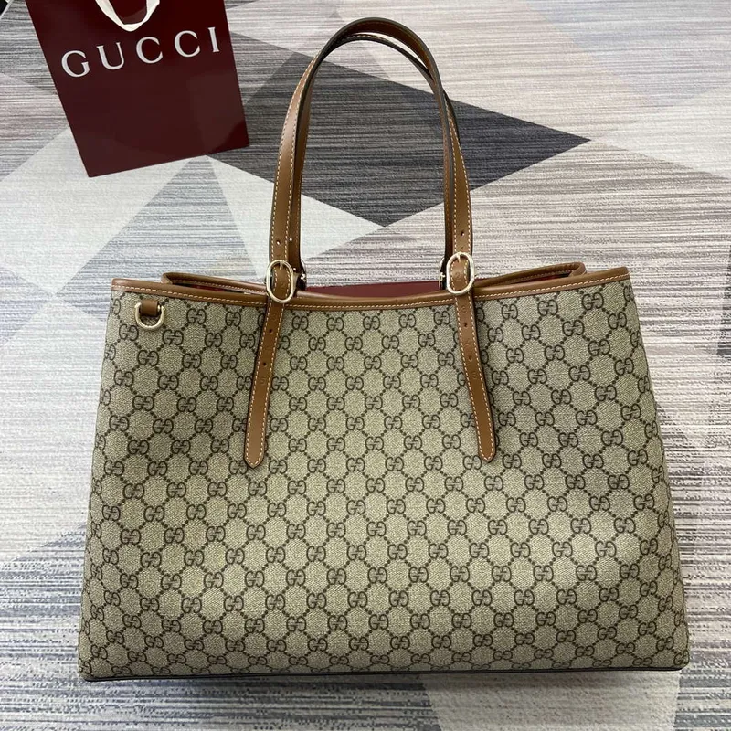 Gucci 815212 GG Emblem Large tote bag Beige and dark brown