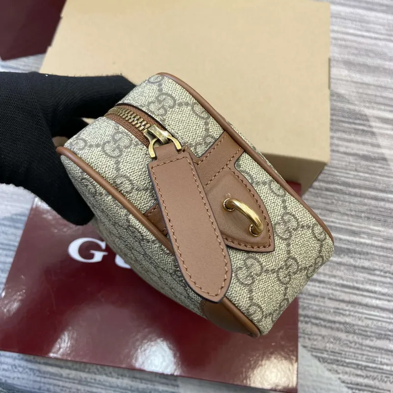 Gucci 821164 GG Emblem small toiletry case Beige and dark brown