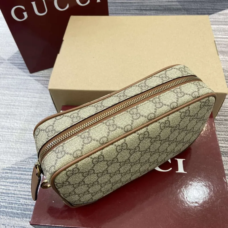 Gucci 821164 GG Emblem small toiletry case Beige and dark brown