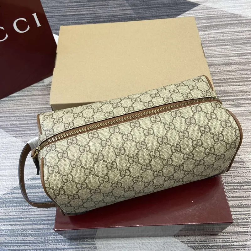 Gucci 821163 GG Emblem medium toiletry case Beige and dark brown