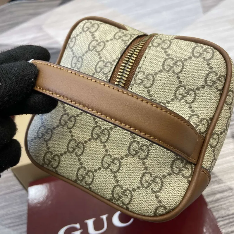 Gucci 821163 GG Emblem medium toiletry case Beige and dark brown