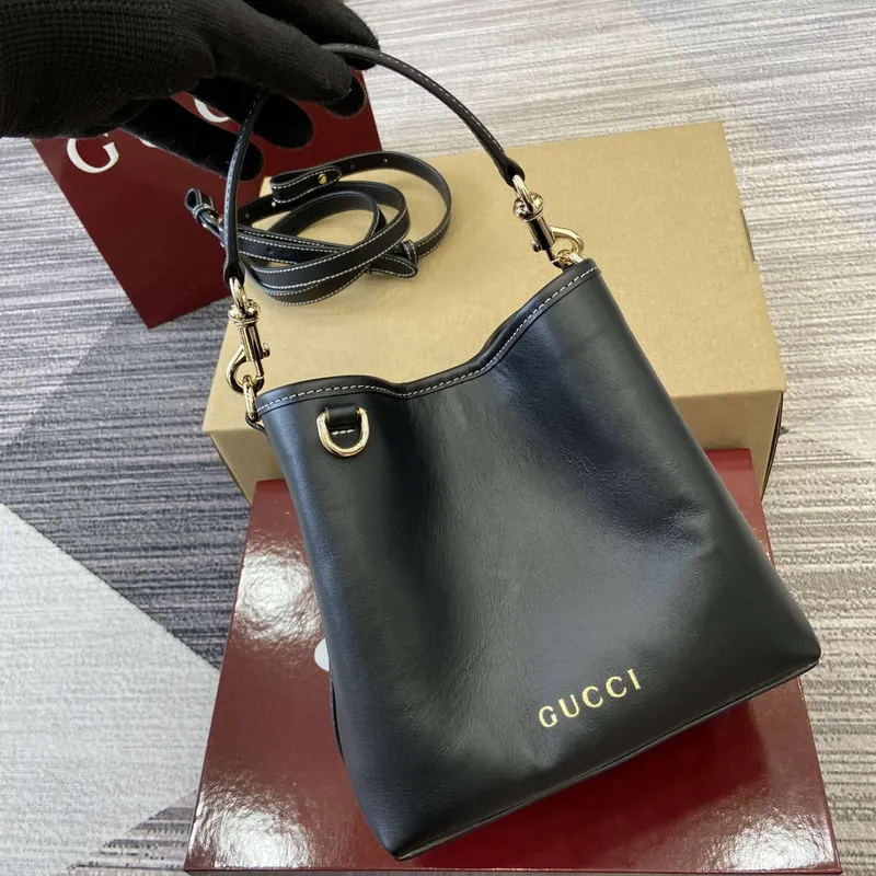 Gucci 815118 GG Emblem Mini Bucket Bag Black smooth leather