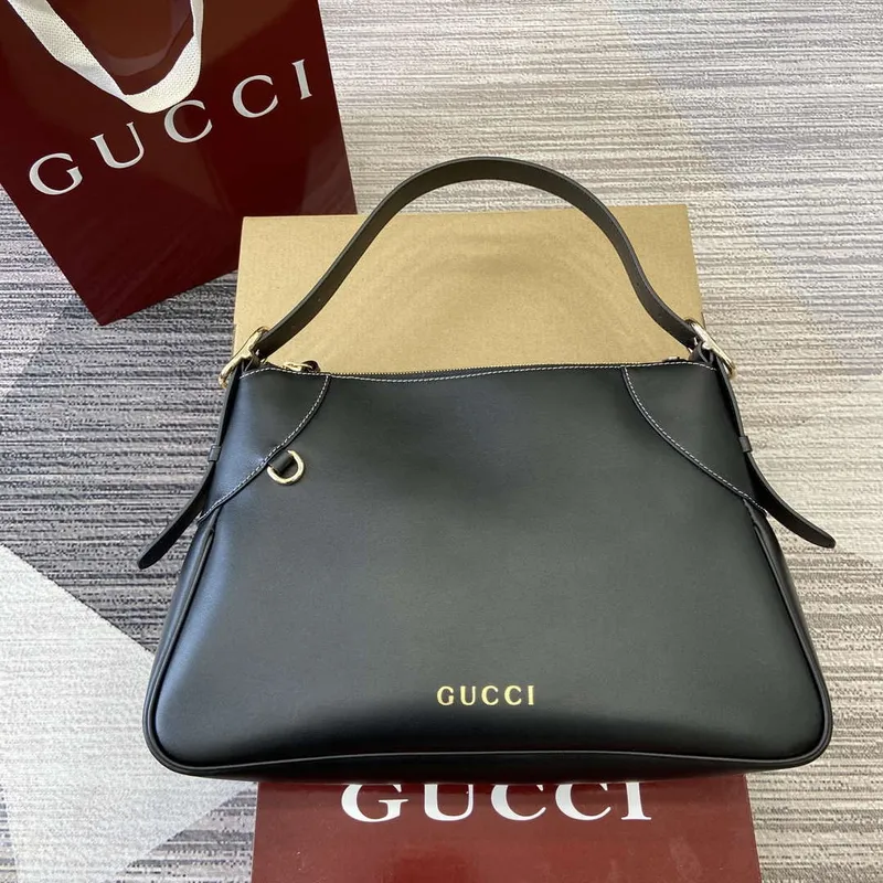 Gucci 815217 GG Emblem Large Shoulder Bag Black smooth leather