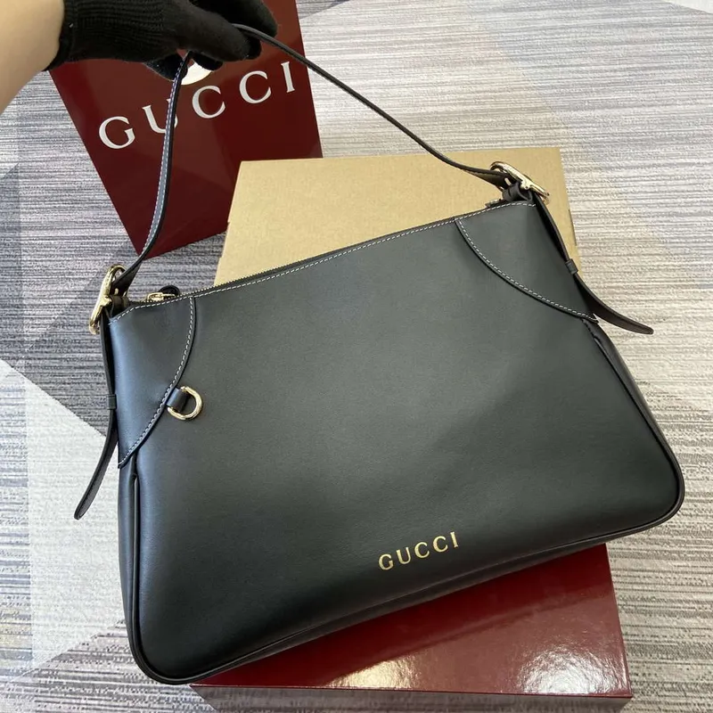 Gucci 815217 GG Emblem Large Shoulder Bag Black smooth leather