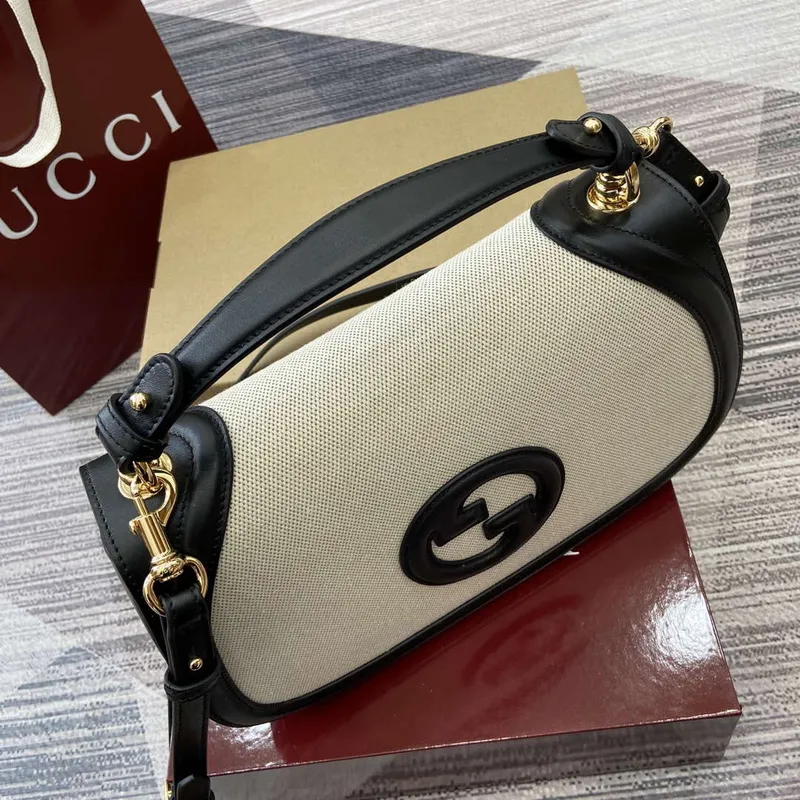 Gucci 815716 Gucci Blondie Medium top handle bag Black& Beige cotton linen canvas
