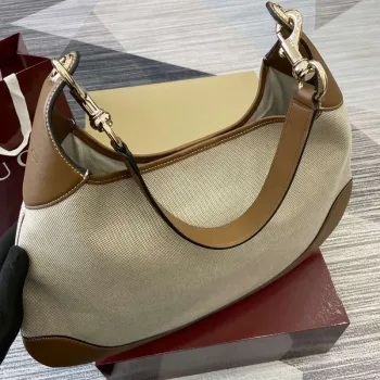 Gucci 815924 Gucci B Medium Shoulder Bag Natural cotton linen canvas Brown