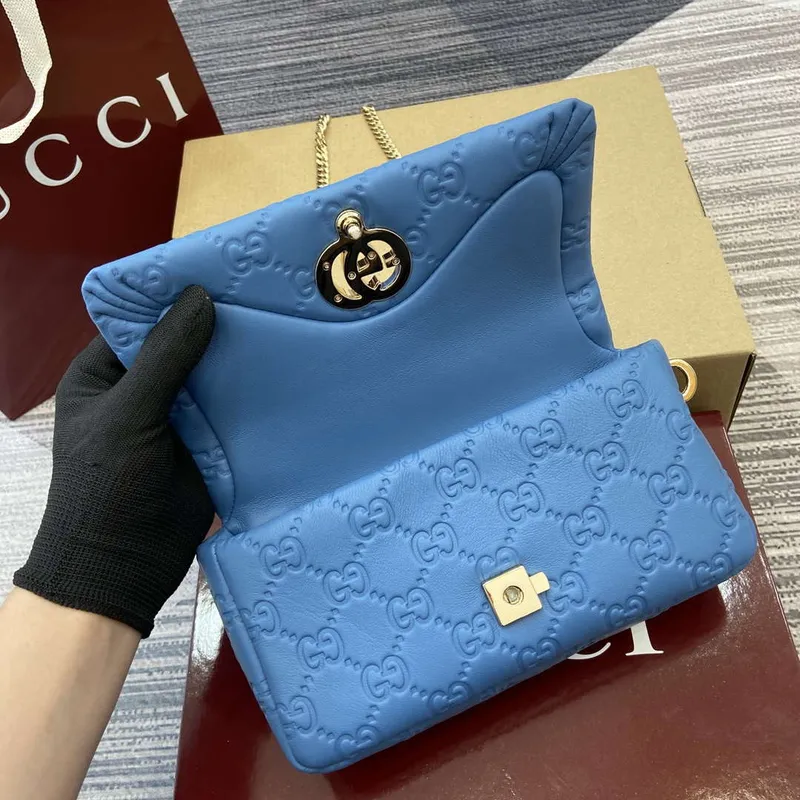 Gucci 806017 GG Milano Mini Top Handle Bag Blue GG puffy leather