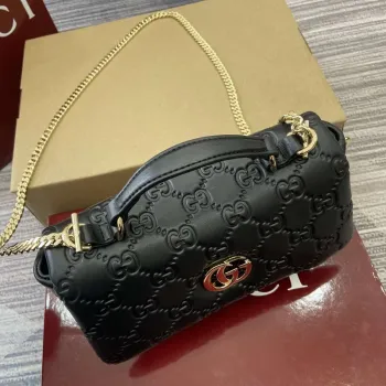 Gucci 806017 GG Milano Mini Top Handle Bag Black GG puffy leather