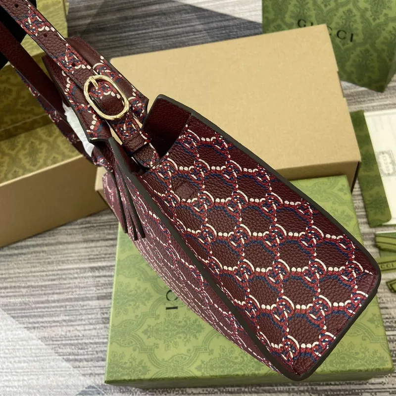 Gucci 795349 Small Tote Bag With Hook Closure Wine red and multicolour leather