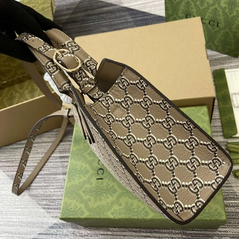 Gucci 795349 Small Tote Bag With Hook Closure Taupe and multicolour leather