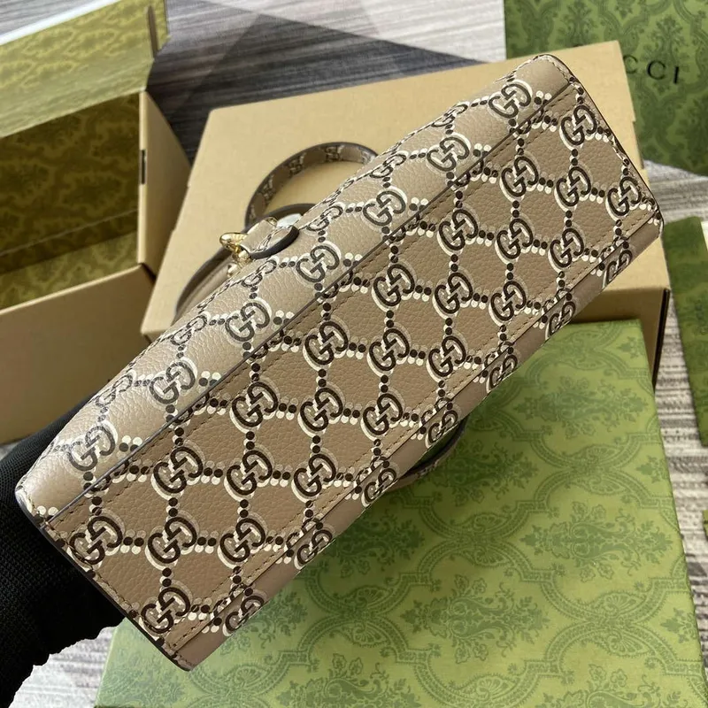 Gucci 795349 Small Tote Bag With Hook Closure Taupe and multicolour leather