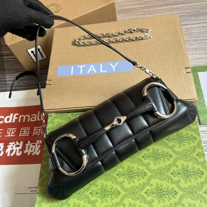 Gucci  764255 Gucci Horsebit Chain Shoulder Bag Black Leather