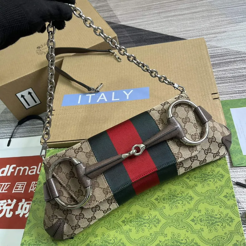 Gucci  764255 Gucci Horsebit Chain Shoulder Bag Beige and Brown