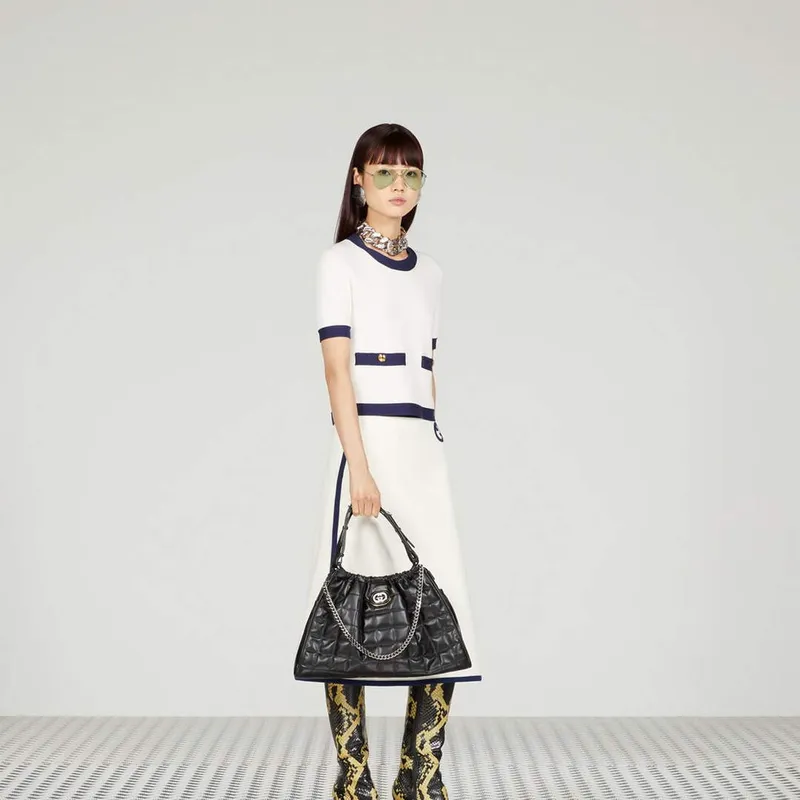 Gucci   746210 Gucci Deco Medium Tote Bag Black Quilted Leather