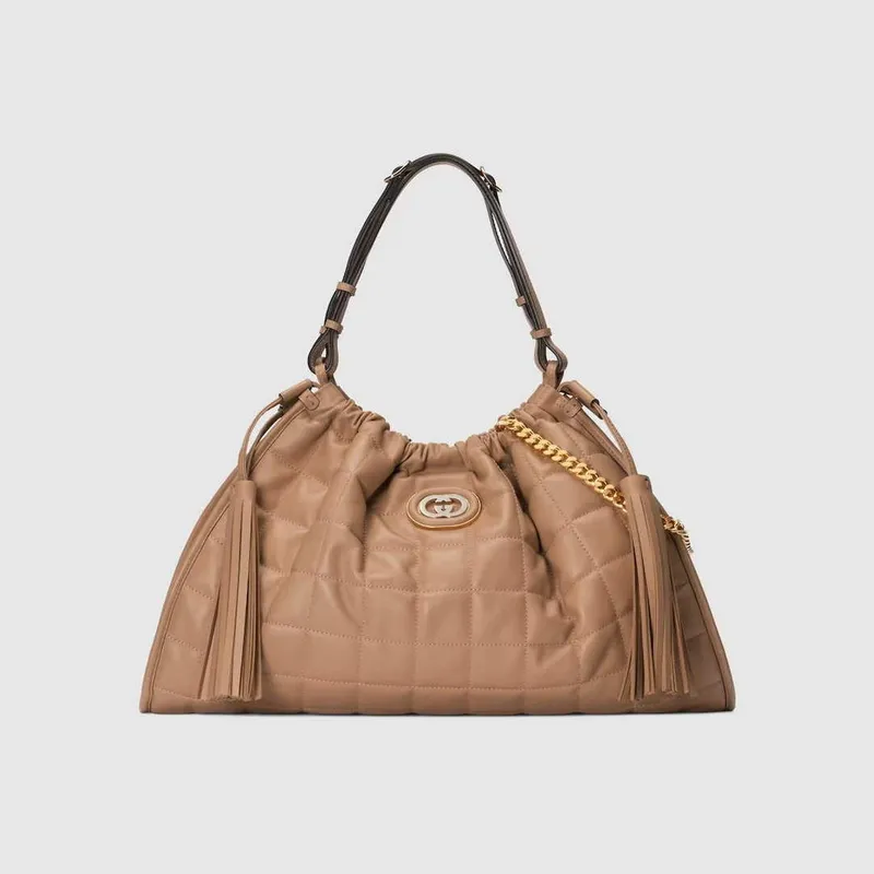 Gucci   746210 Gucci Deco Medium Tote Bag Dark Rose Beige Quilted Leather