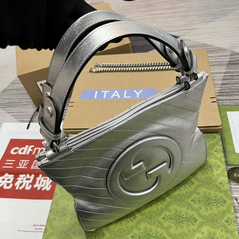 Gucci 751518 Gucci Blondie Small Tote Bag  Silver lamé leather